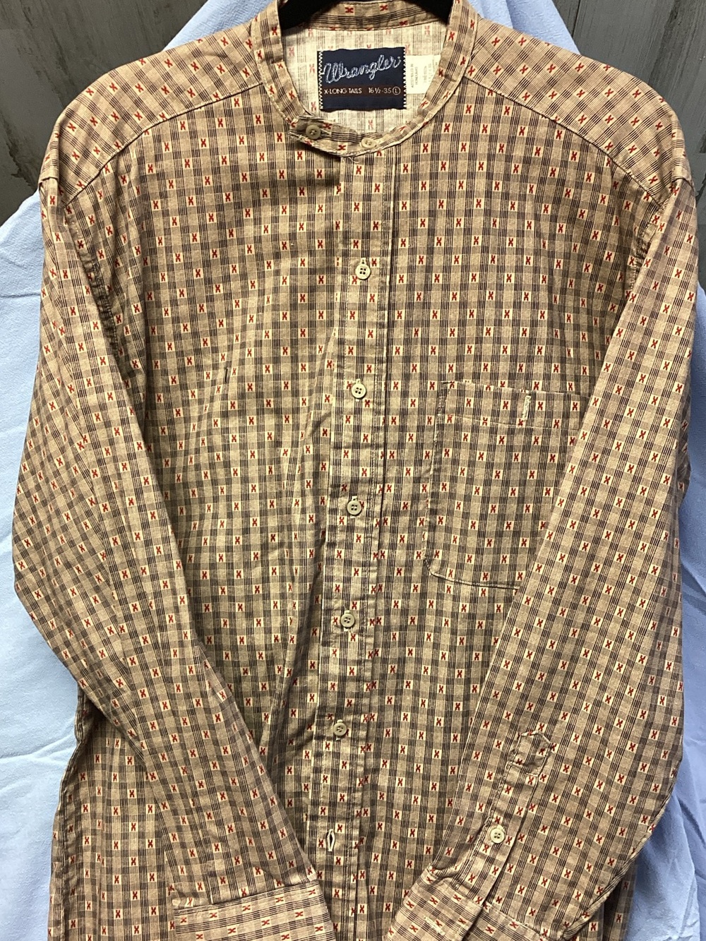 Wrangler Brown Checked Band-Collar Button-Down Shirt